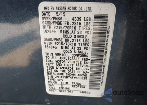 2015 Nissan Rogue Select S из США, поврежденный, VIN JN8AS5MT4FW663825